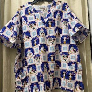 3X Colorful Xmas snowmen and penguins short sleeve scrub top